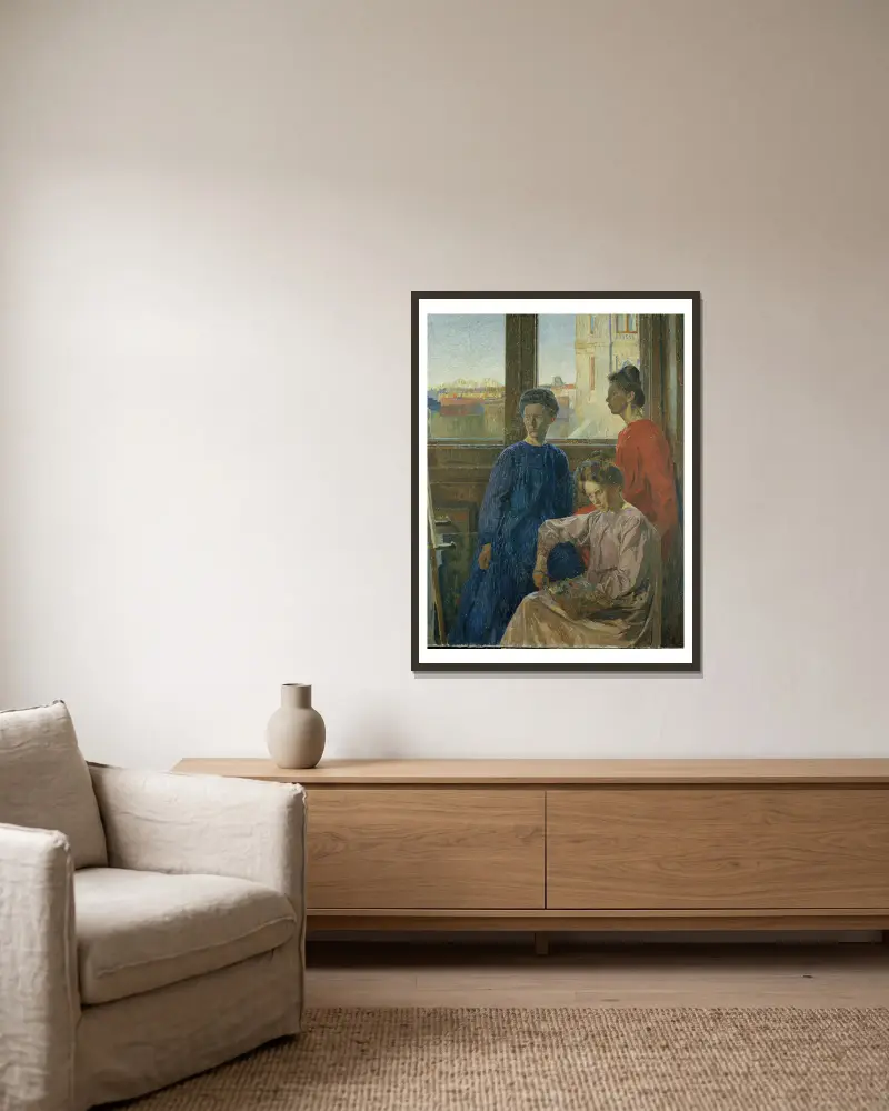 Kvinnliga målare av Carl Wilhelmson inramad på en vägg