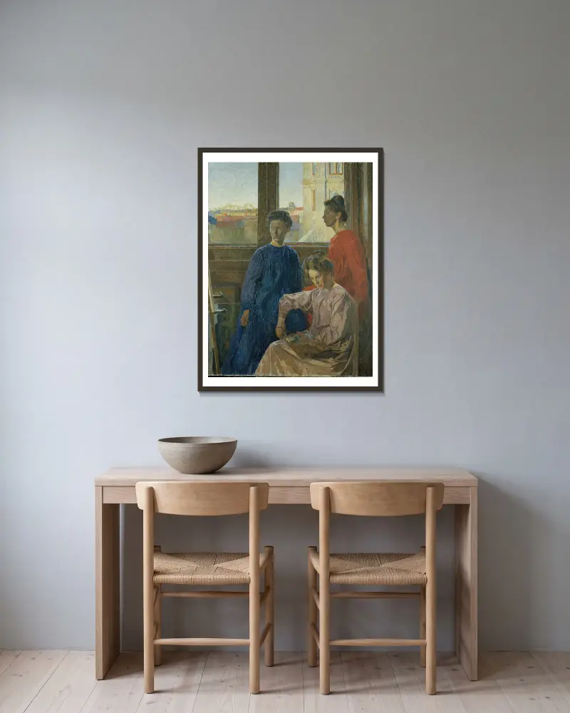 Kvinnliga målare av Carl Wilhelmson inramad på en vägg