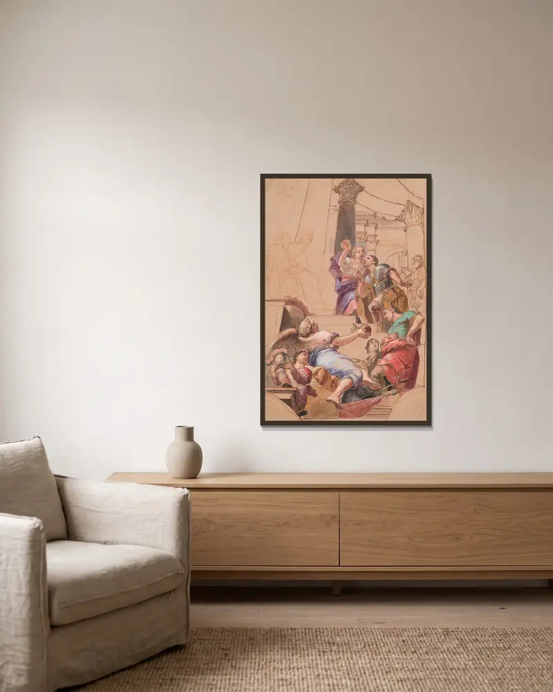 Ein siegreicher Feldherr in Audienz bei einem Herrscherpaar von Carlo Maratti gerahmt an einer Wand
