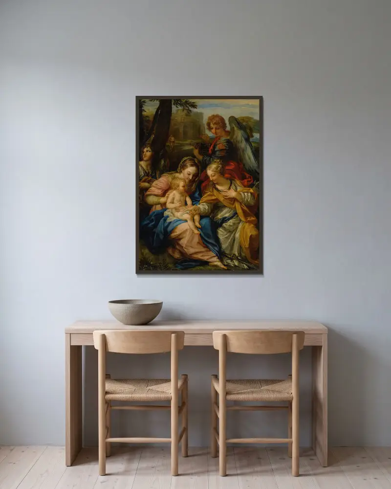 Den mystiska föreningen med Sankta Katarina av Alexandria av Carlo Maratti inramad på en vägg