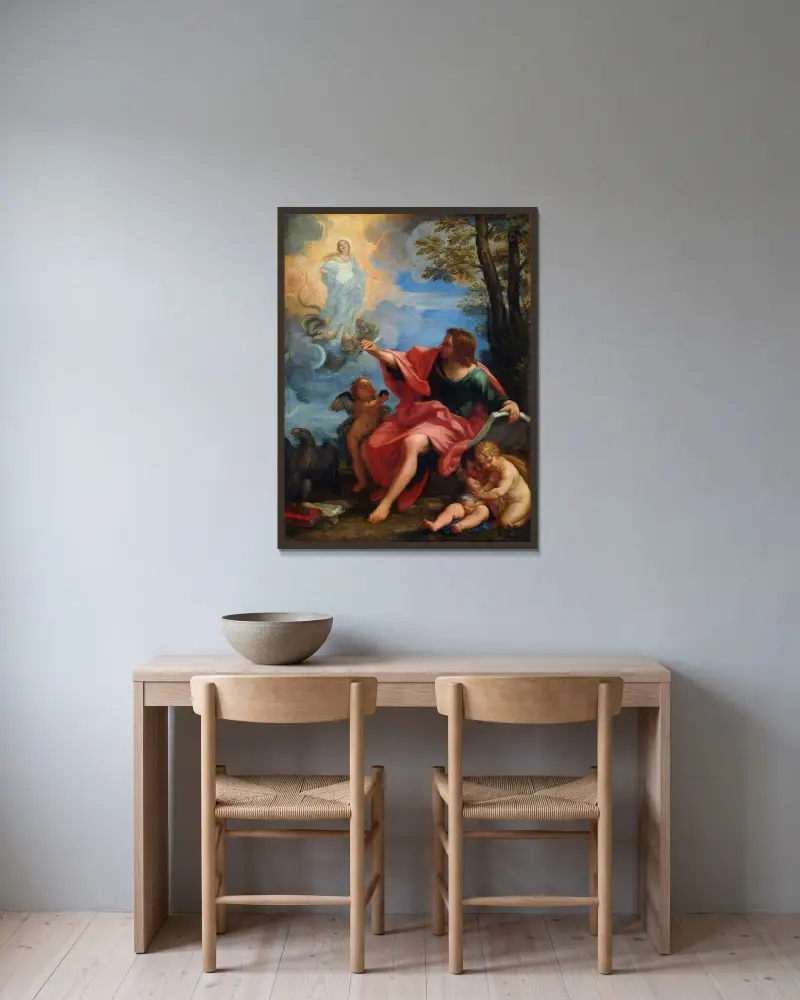 Der Evangelist Johannes auf Patmos von Carlo Maratti gerahmt an einer Wand