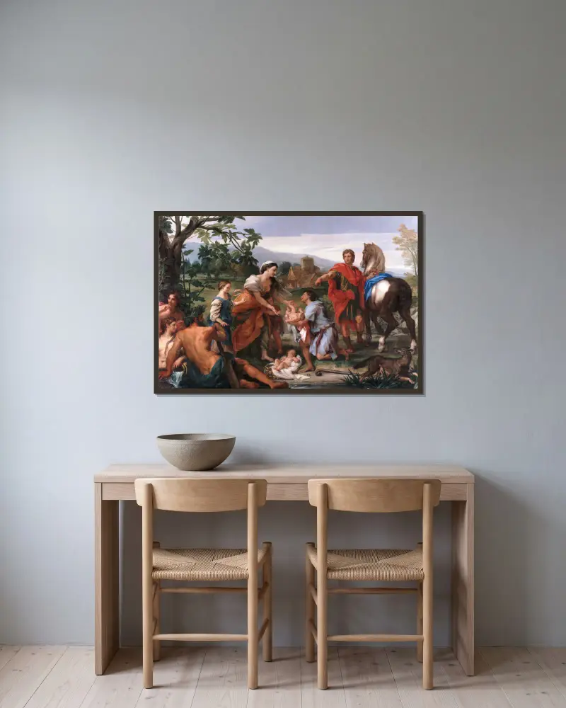 Återfinnandet av Romulus och Remus av Carlo Maratti inramad på en vägg