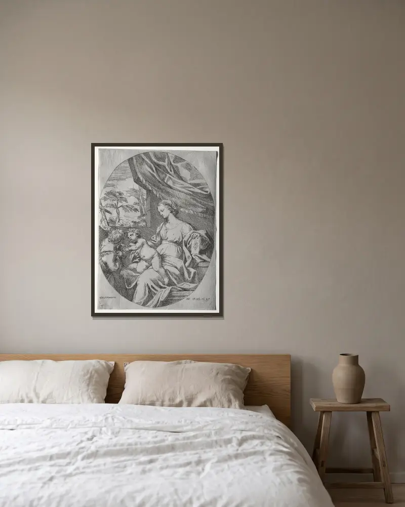 Jungfrau und Kind mit dem Johannesknaben von Carlo Maratti gerahmt an einer Wand