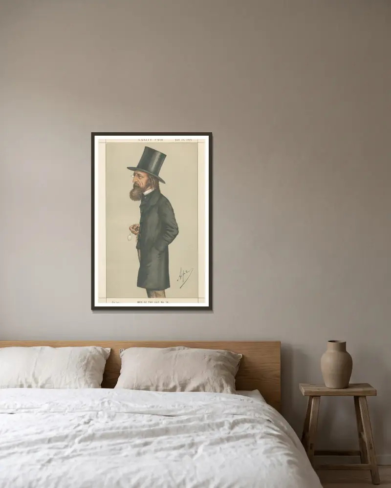 Litterärt: ”Hovskalden”, Lord Alfred Tennyson, 22 juli 1871 av Carlo Pellegrini inramad på en vägg