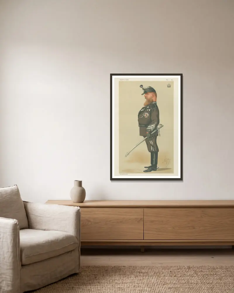 Militär och flotta: ”Hjälptrupperna”, Viscount Bury, 1 maj 1875 av Carlo Pellegrini inramad på en vägg
