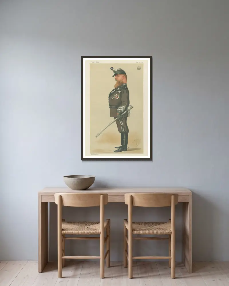 Militär och flotta: ”Hjälptrupperna”, Viscount Bury, 1 maj 1875 av Carlo Pellegrini inramad på en vägg