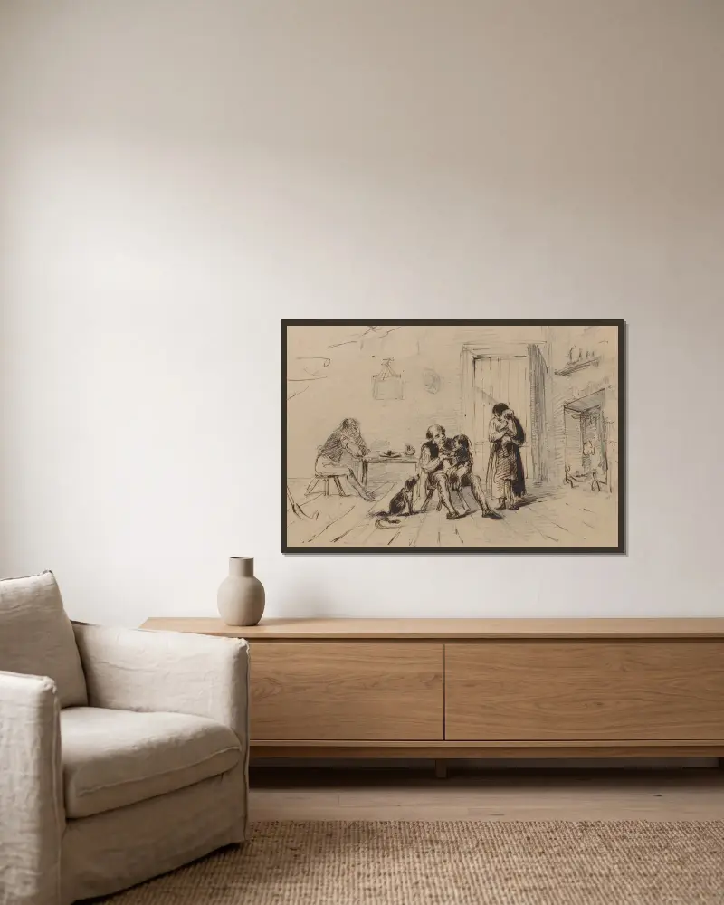 Fünf Familienmitglieder und Hund in einer Hütte von Felix Octavius Carr Darley gerahmt an einer Wand