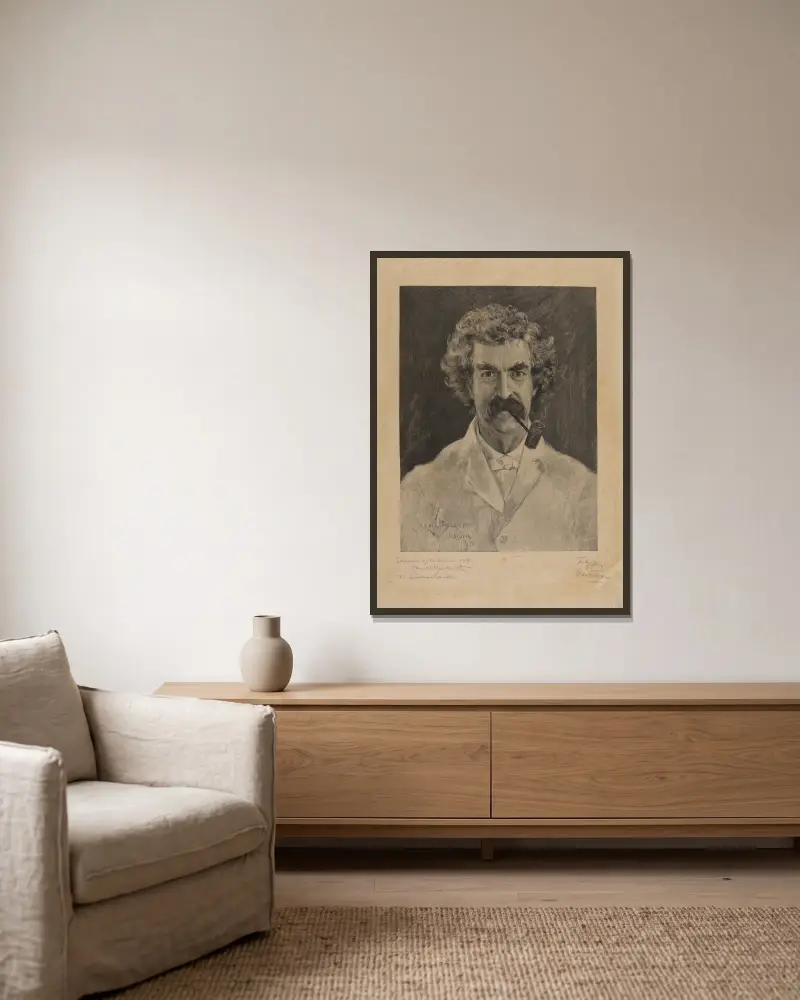 Mark Twain. av James Carroll Beckwith inramad på en vägg