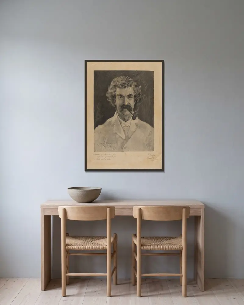 Mark Twain. av James Carroll Beckwith inramad på en vägg