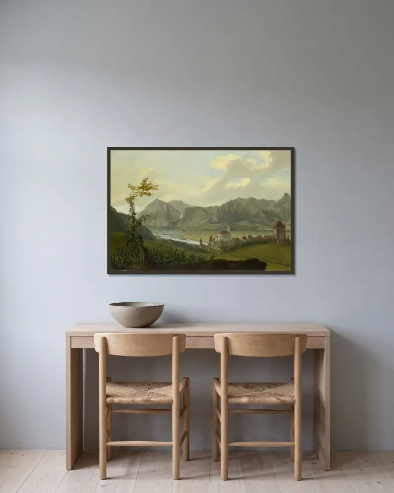 Vy över Thun med Stockhornkedjan och Niesen av Caspar Wolf inramad på en vägg