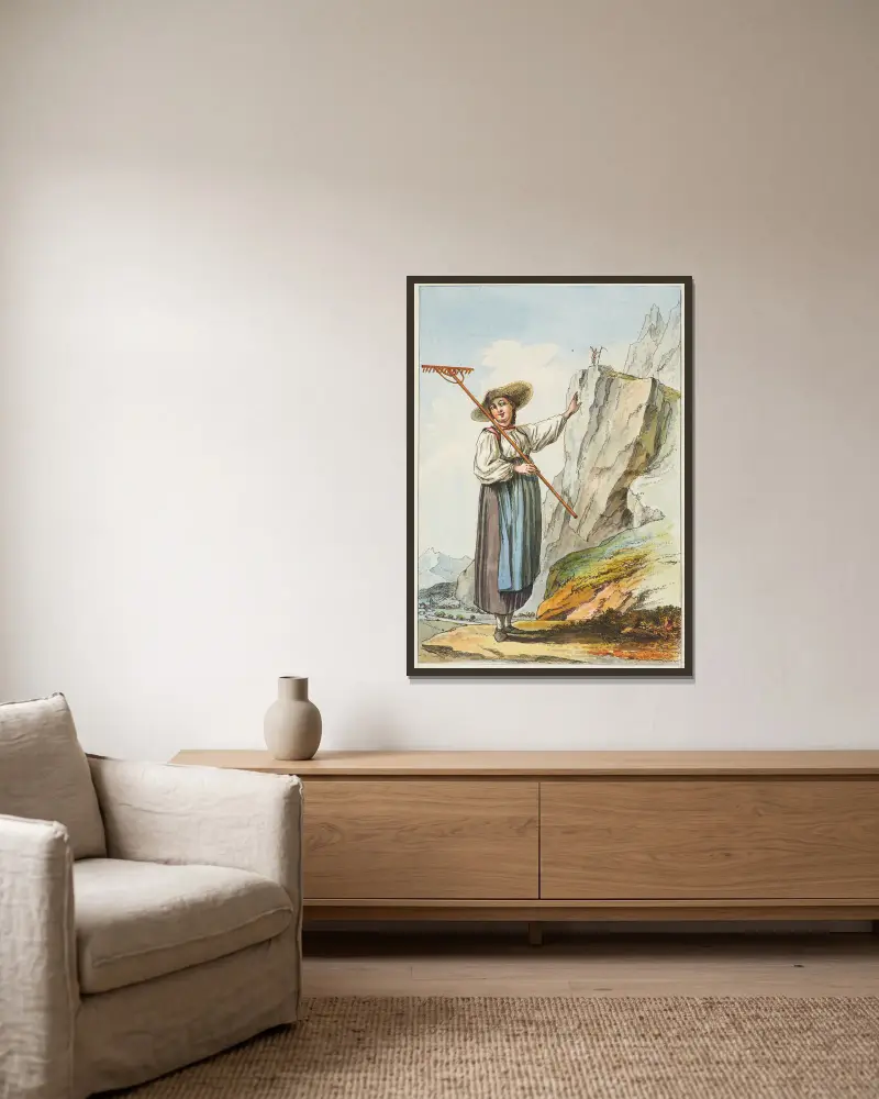 Feneuse des montagnes d’Oberhasli, Canton de Berne av Caspar Wolf inramad på en vägg