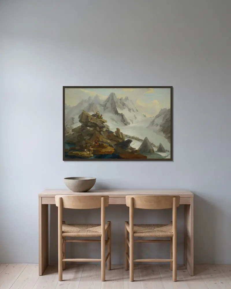 Glacier Lauteraar av Caspar Wolf inramad på en vägg