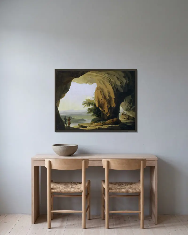 Landscape with Beatus Cave av Caspar Wolf inramad på en vägg