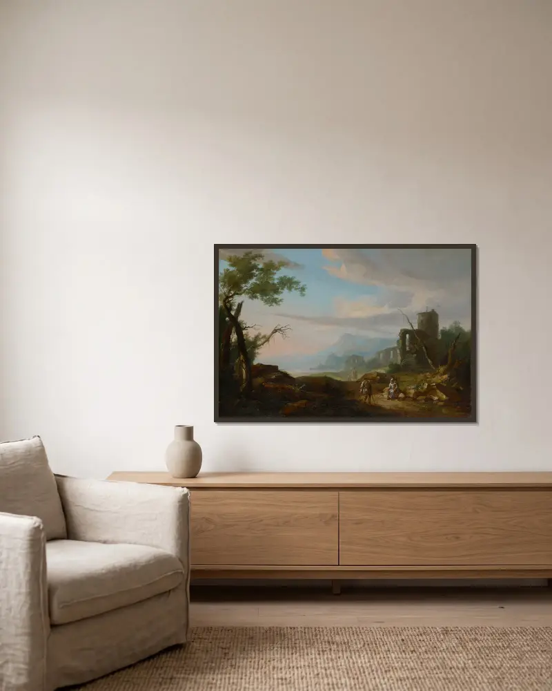 Landscape with Ruins av Caspar Wolf inramad på en vägg