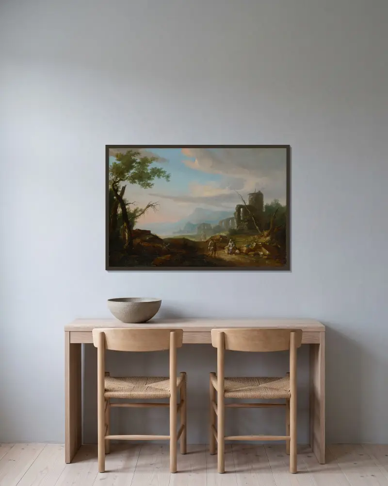 Landscape with Ruins av Caspar Wolf inramad på en vägg