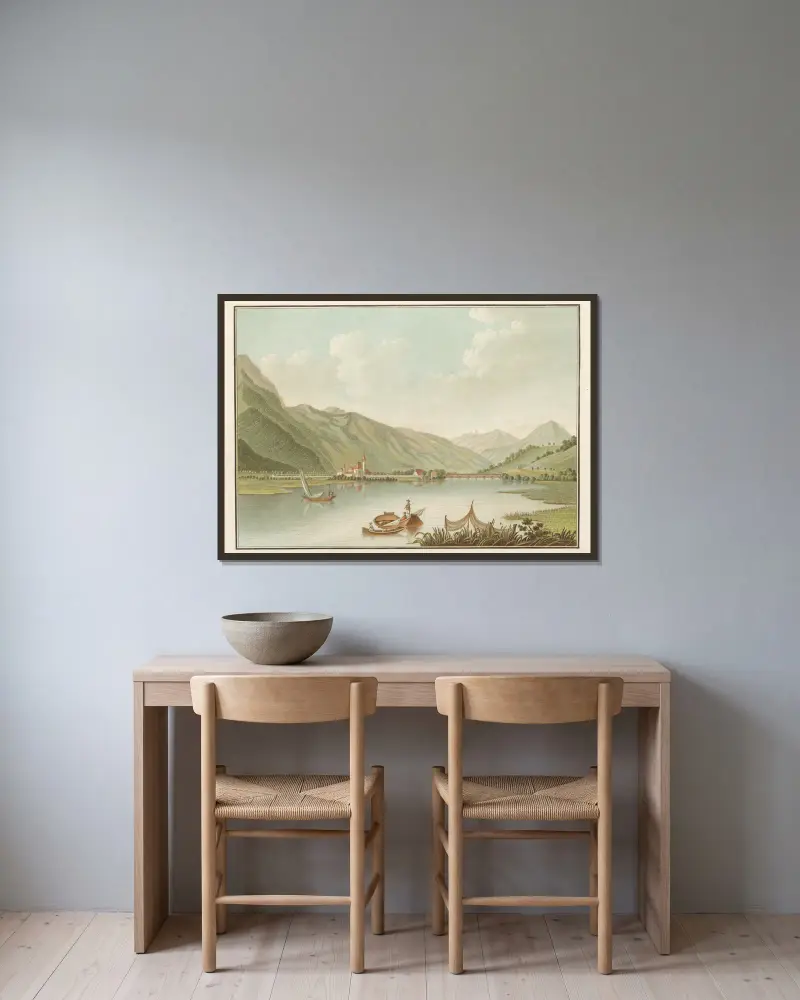 Interlaken från Brienzsjön av Caspar Wolf inramad på en vägg