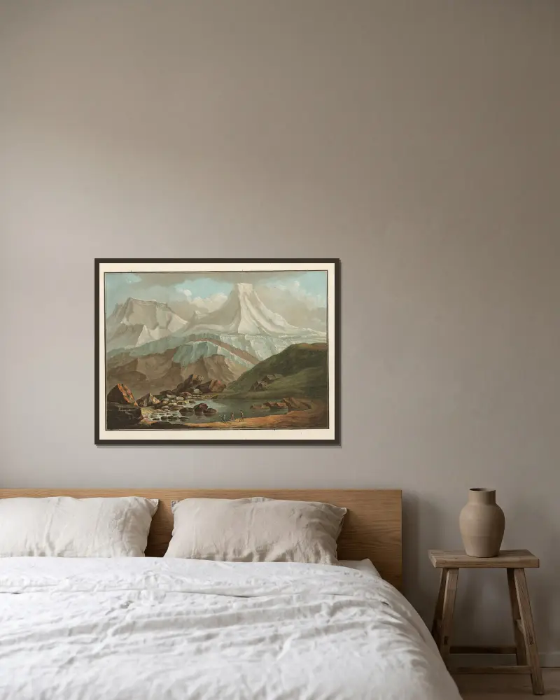 Vy över Gross-Horn och Breit-Horn med den lilla sjön Oberhorn av Caspar Wolf inramad på en vägg