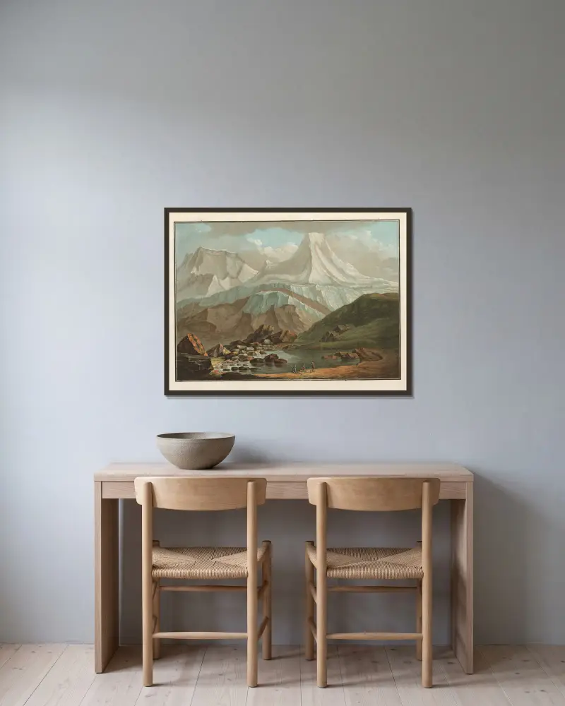 Vy över Gross-Horn och Breit-Horn med den lilla sjön Oberhorn av Caspar Wolf inramad på en vägg