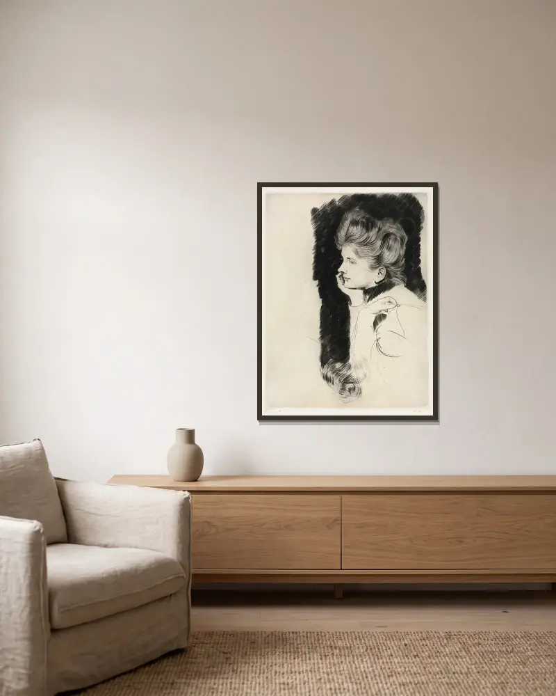 Frauenkopf von Paul César Helleu gerahmt an einer Wand