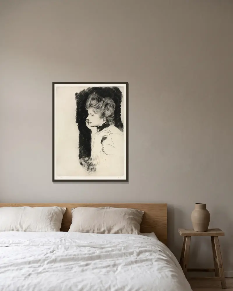 Frauenkopf von Paul César Helleu gerahmt an einer Wand