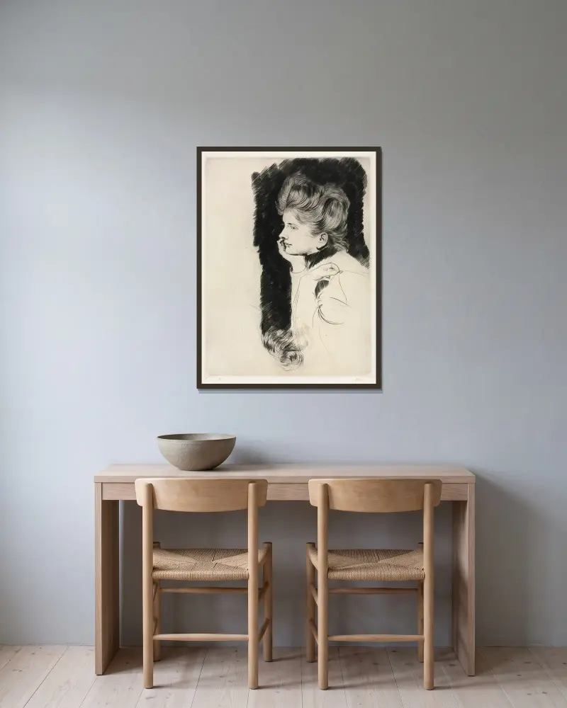Frauenkopf von Paul César Helleu gerahmt an einer Wand