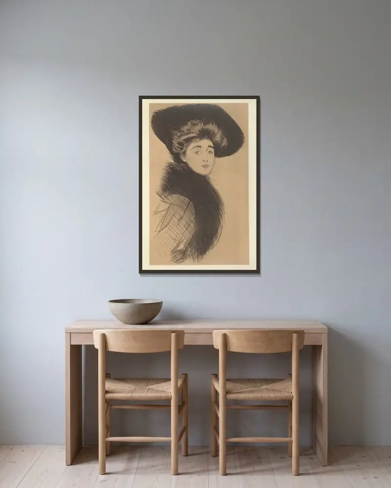 Miss X. av Paul César Helleu inramad på en vägg