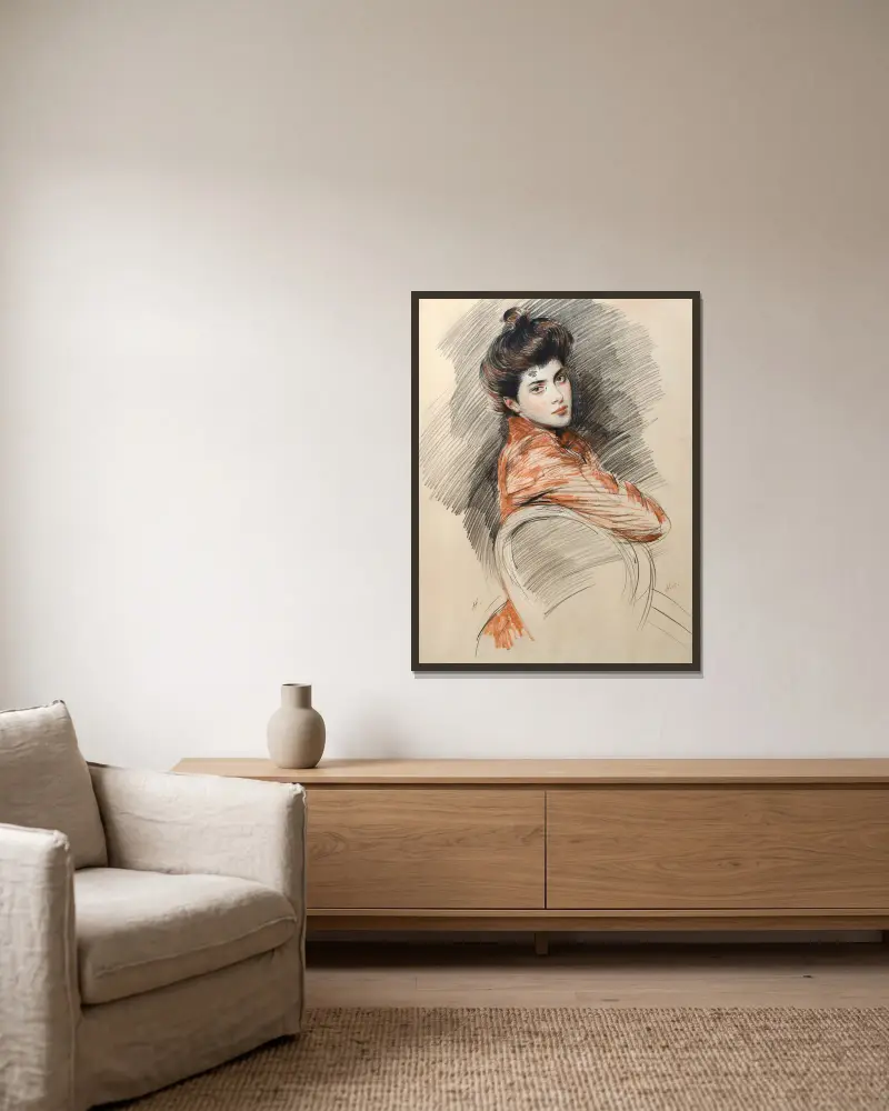 Porträt von Elisabeth Van Biema von Paul César Helleu gerahmt an einer Wand