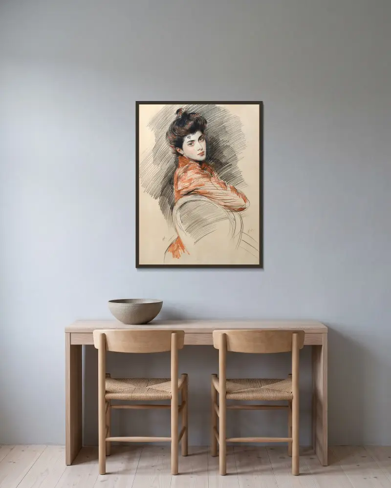 Porträt von Elisabeth Van Biema von Paul César Helleu gerahmt an einer Wand