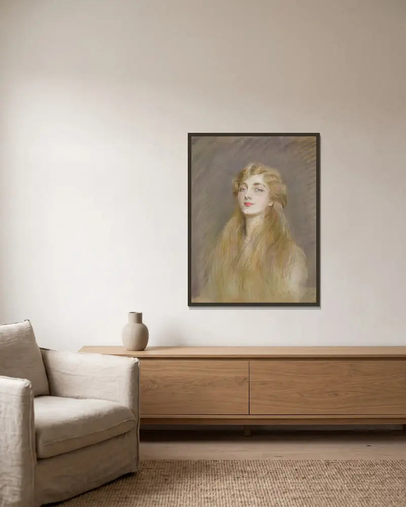 Porträt von Mademoiselle Blanche de Pas von Paul César Helleu gerahmt an einer Wand