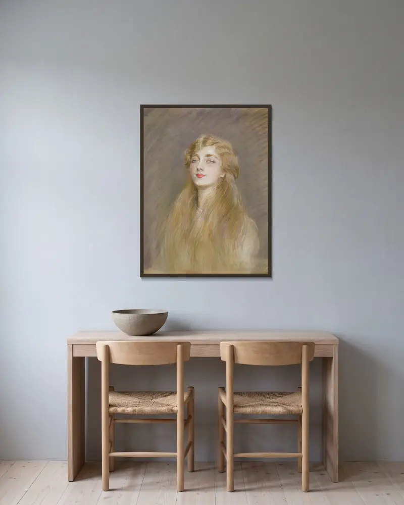 Porträt von Mademoiselle Blanche de Pas von Paul César Helleu gerahmt an einer Wand