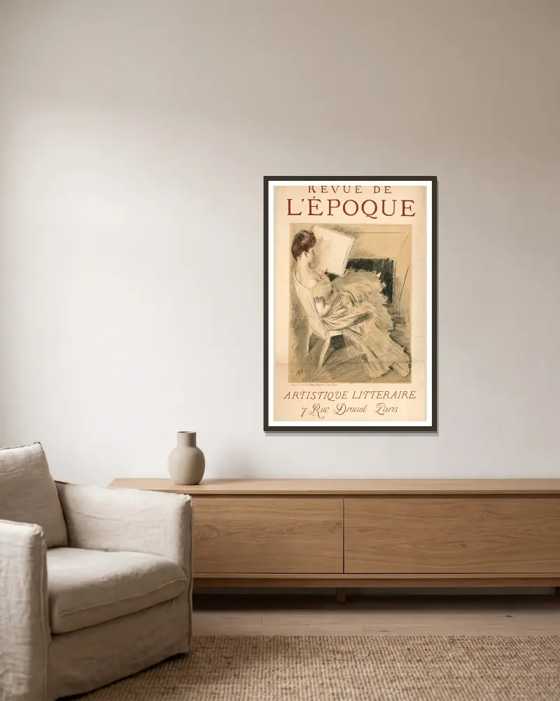 Revue de l'Epoque artistique et littéraire av Paul César Helleu inramad på en vägg