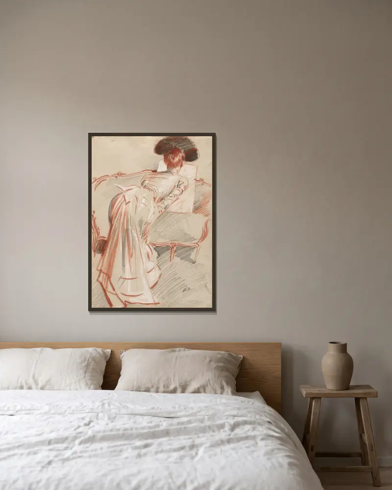 Frau (möglicherweise Madame Alice Helleu), die eine Zeichnung betrachtet von Paul César Helleu gerahmt an einer Wand
