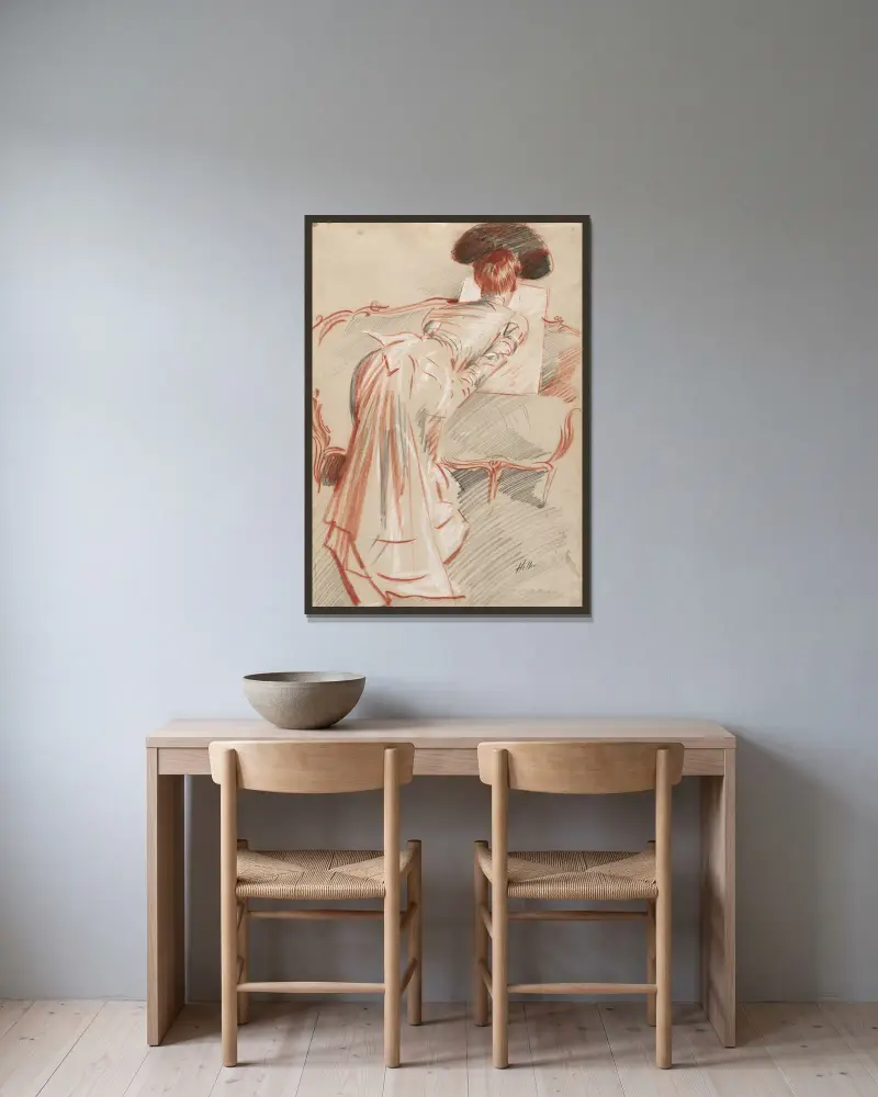 Frau (möglicherweise Madame Alice Helleu), die eine Zeichnung betrachtet von Paul César Helleu gerahmt an einer Wand