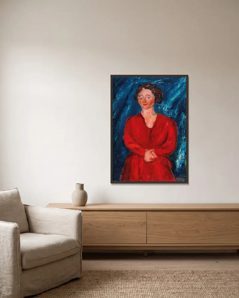 La Femme en rouge au fond bleu av Chaïm Soutine inramad på en vägg