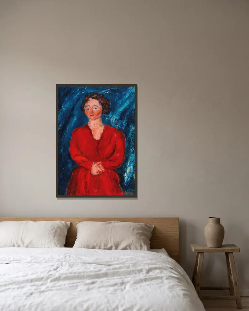 La Femme en rouge au fond bleu av Chaïm Soutine inramad på en vägg