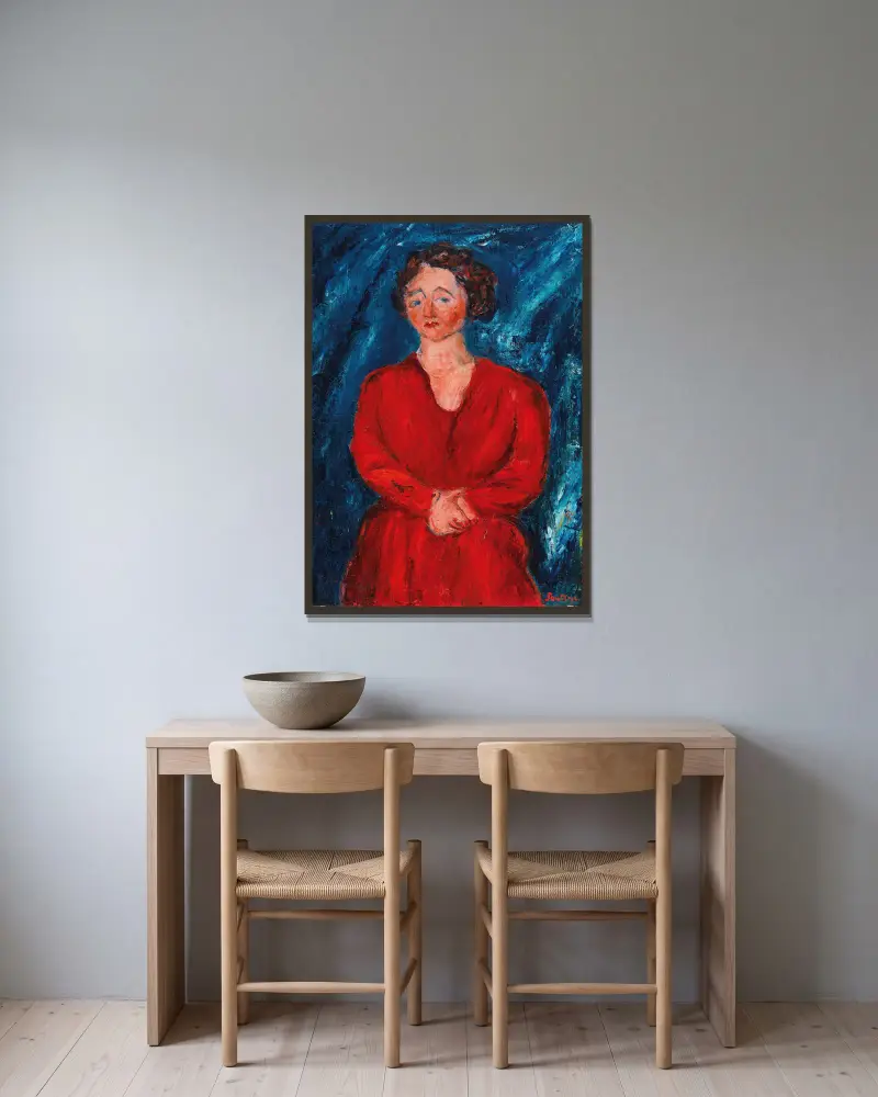 La Femme en rouge au fond bleu av Chaïm Soutine inramad på en vägg