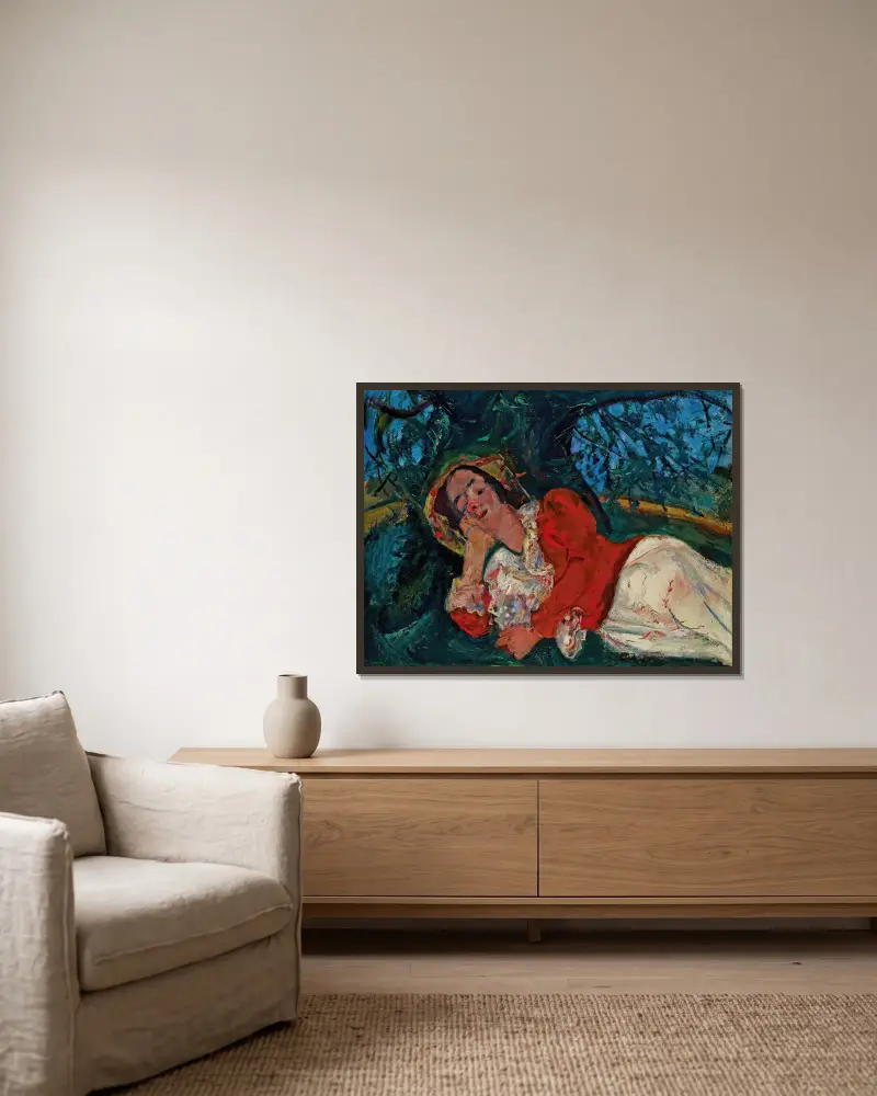 La sieste (Femme étendue sous un arbre) av Chaïm Soutine inramad på en vägg
