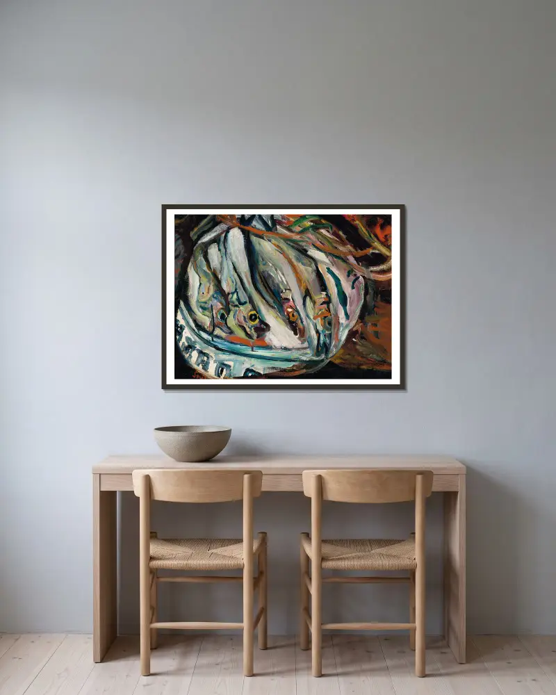 Nature morte aux poissons av Chaïm Soutine inramad på en vägg