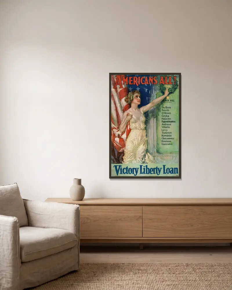 Americans All! Victory Liberty Loan von Howard Chandler Christy gerahmt an einer Wand