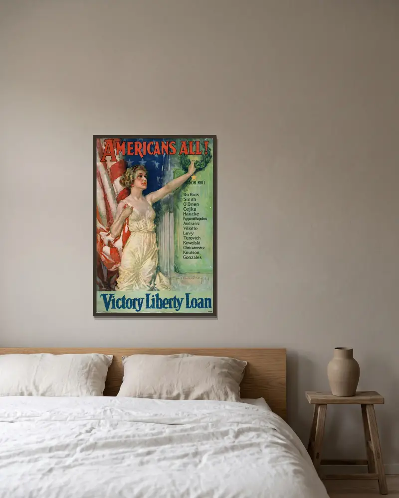 Americans All! Victory Liberty Loan von Howard Chandler Christy gerahmt an einer Wand