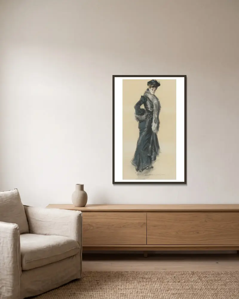 Elegant dam i pälsbrämad kappa av Howard Chandler Christy inramad på en vägg