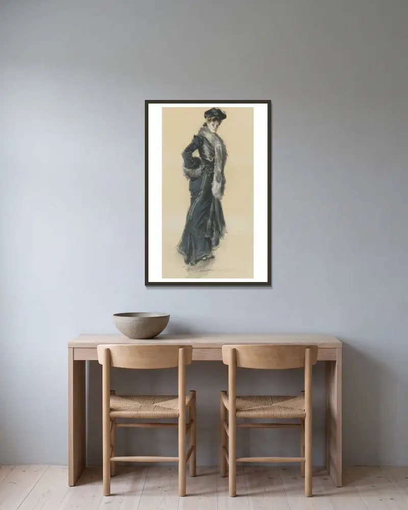 Elegant dam i pälsbrämad kappa av Howard Chandler Christy inramad på en vägg