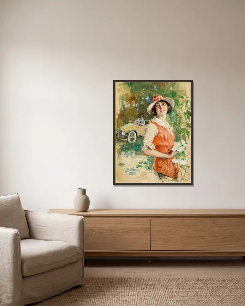 Glad bilkörning (Das glückliche Ende) von Howard Chandler Christy gerahmt an einer Wand