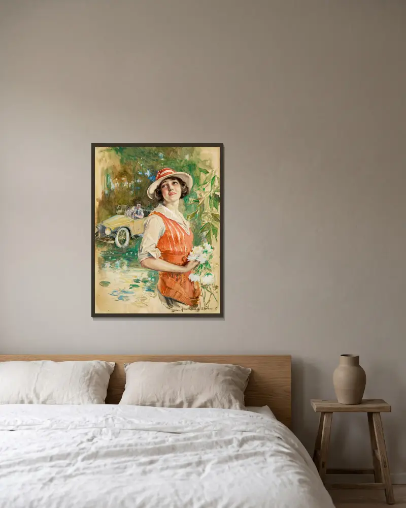 Glad bilkörning (Das glückliche Ende) von Howard Chandler Christy gerahmt an einer Wand