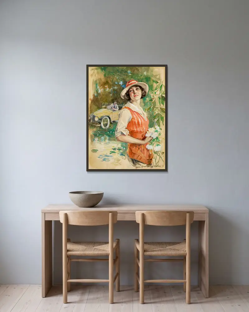 Glad bilkörning (Das glückliche Ende) von Howard Chandler Christy gerahmt an einer Wand