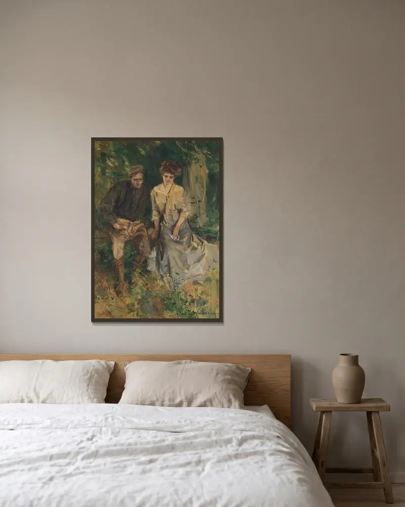 Man och kvinna i en trädgård av Howard Chandler Christy inramad på en vägg
