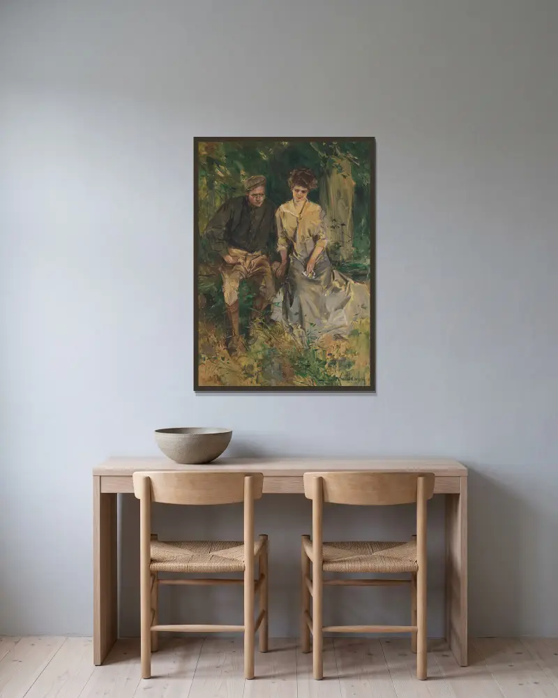 Man och kvinna i en trädgård av Howard Chandler Christy inramad på en vägg
