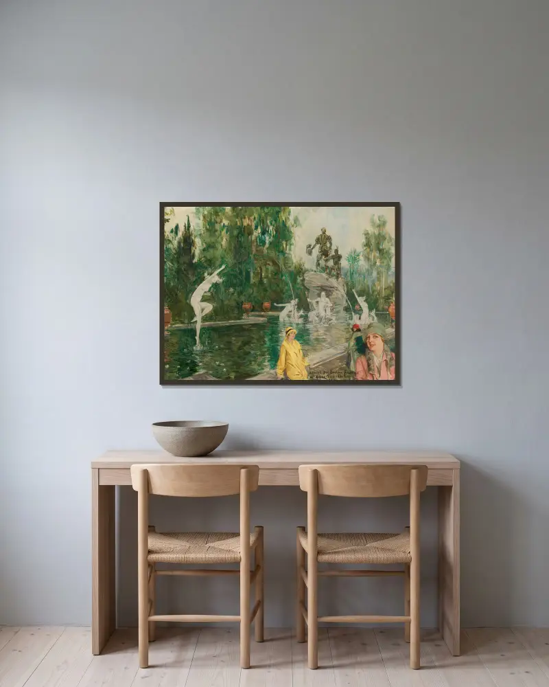 Skiss för Balboafontänen av Howard Chandler Christy inramad på en vägg