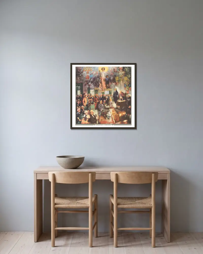 Die Verfassung der Vereinigten Staaten „Die Unterzeichnung“ von Howard Chandler Christy gerahmt an einer Wand