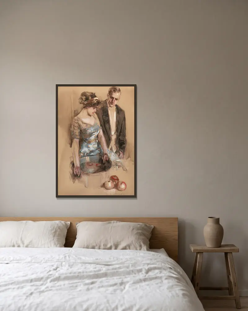 De älskandes ögonblick — början av deras första äppelpaj av Howard Chandler Christy inramad på en vägg